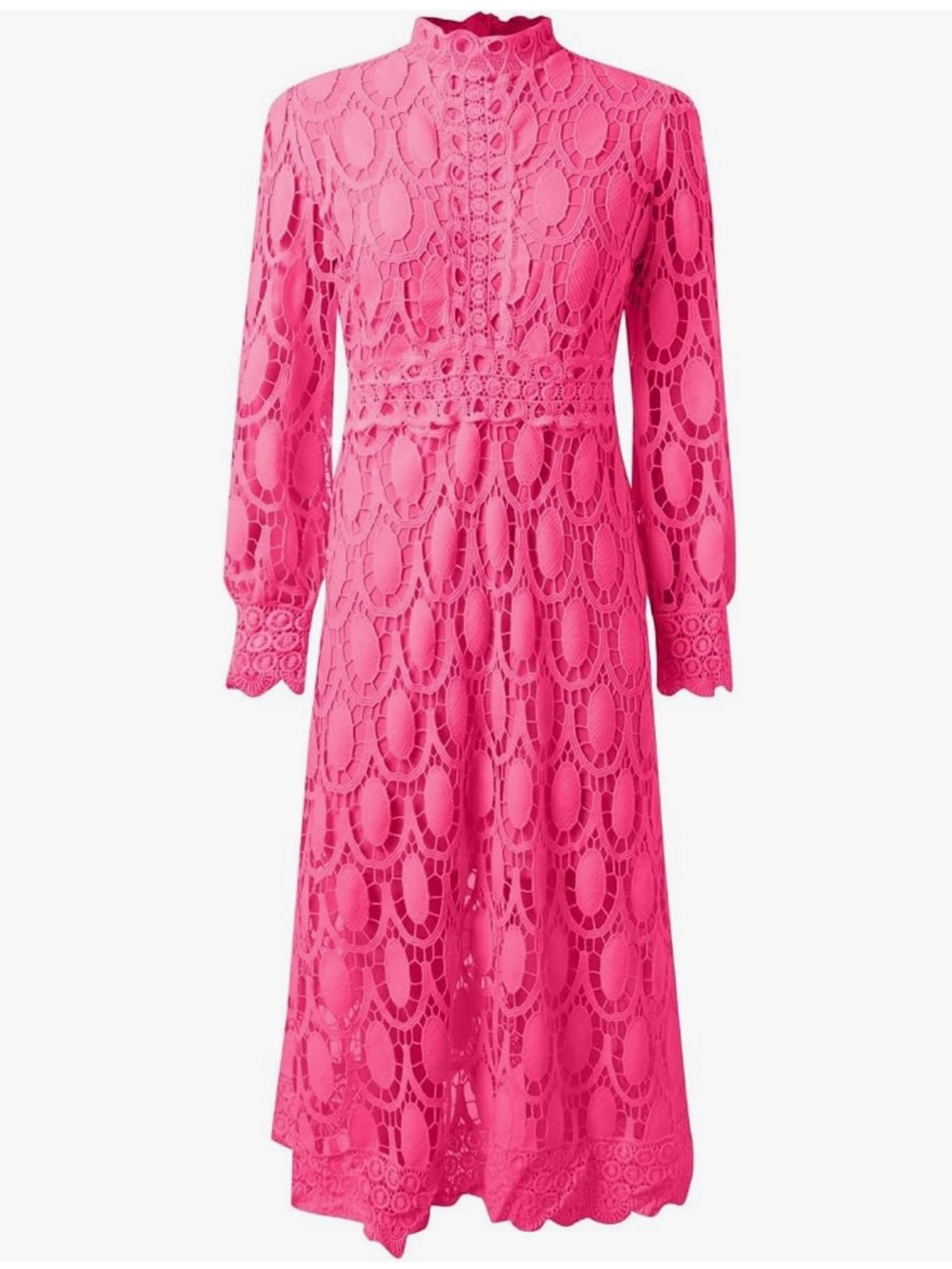Women’s Hot Pink Crochet Lace Long Sleeve Dress